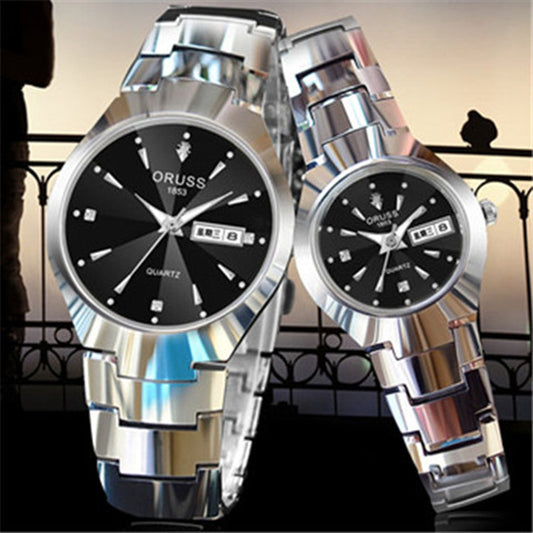 Tungsten Steel Color Waterproof Fashion Student Couple Calendar Quartz Watch